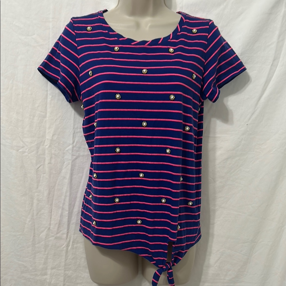 Lilly Pulitzer Navy & Pink Stripe Tie-Hem Short Sleeve Top with pearl flowets